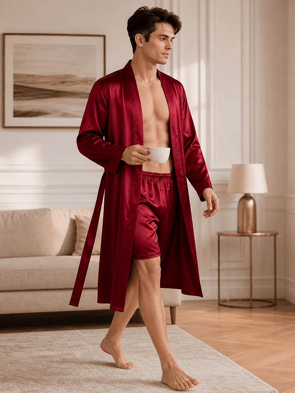 Men's navy satin dressing gown with belt