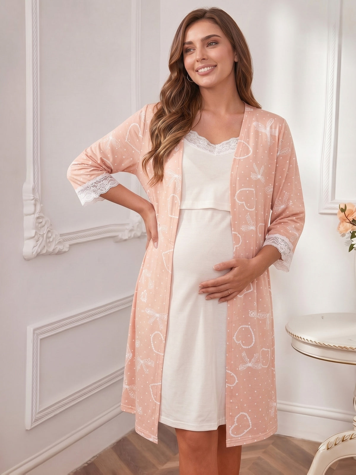 Women's maternity lace dressing gown and nightdress set Image