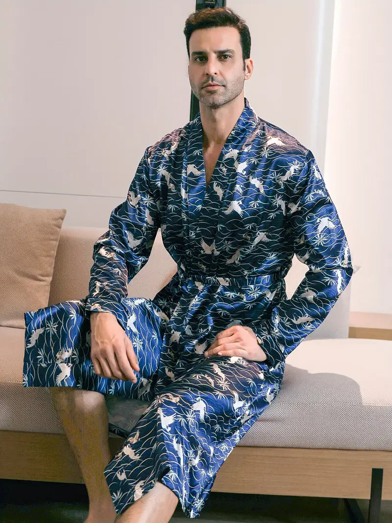 Men's long blue silky kimono robe