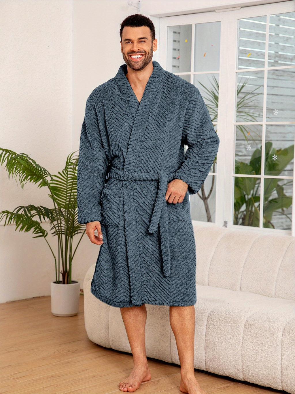 Men's long fleece bathrobe