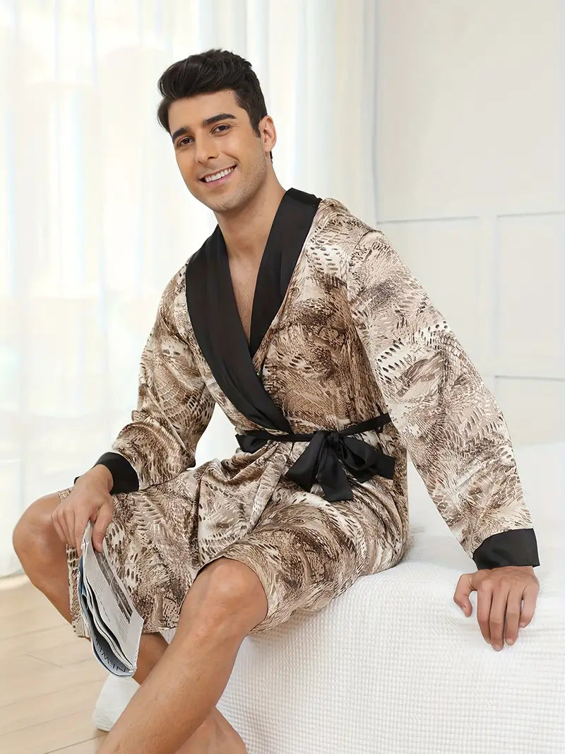 Men's short snake print kimono robe, plus size