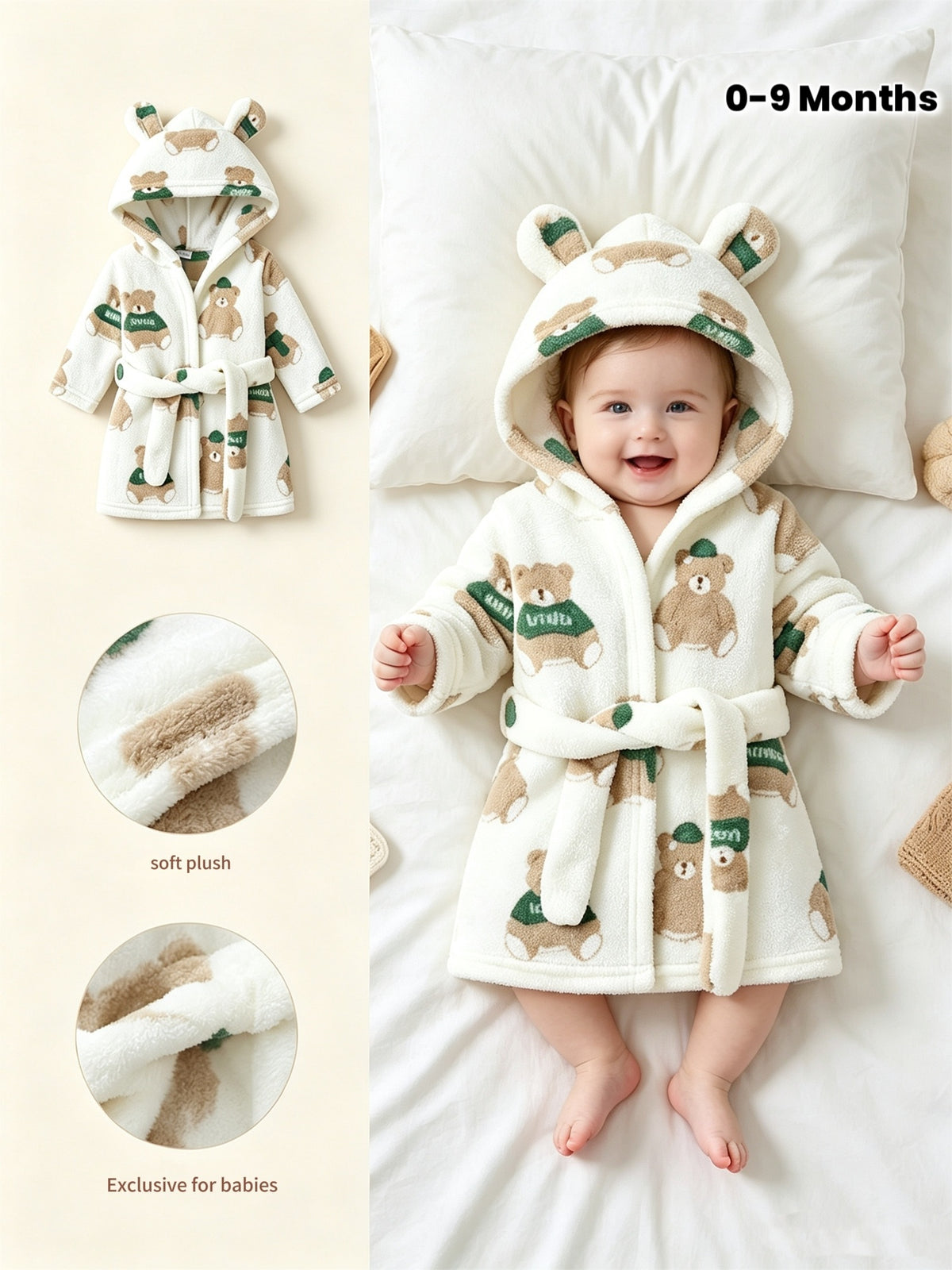 Newborn green hooded flannel dressing gown
