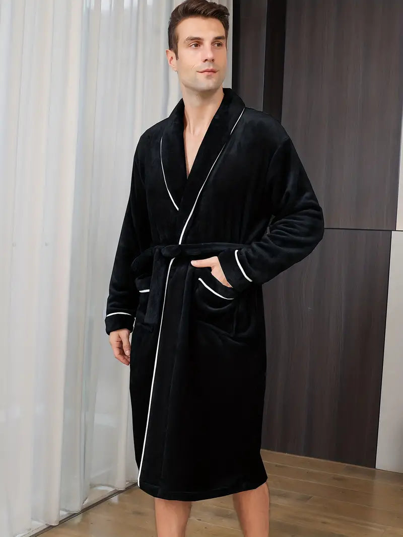 Men's black fleece towelling bathrobe