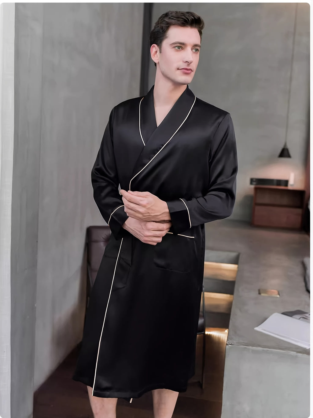 Men's black mulberry silk dressing gown