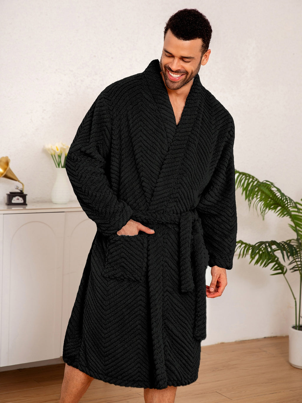 Men's long fleece bathrobe