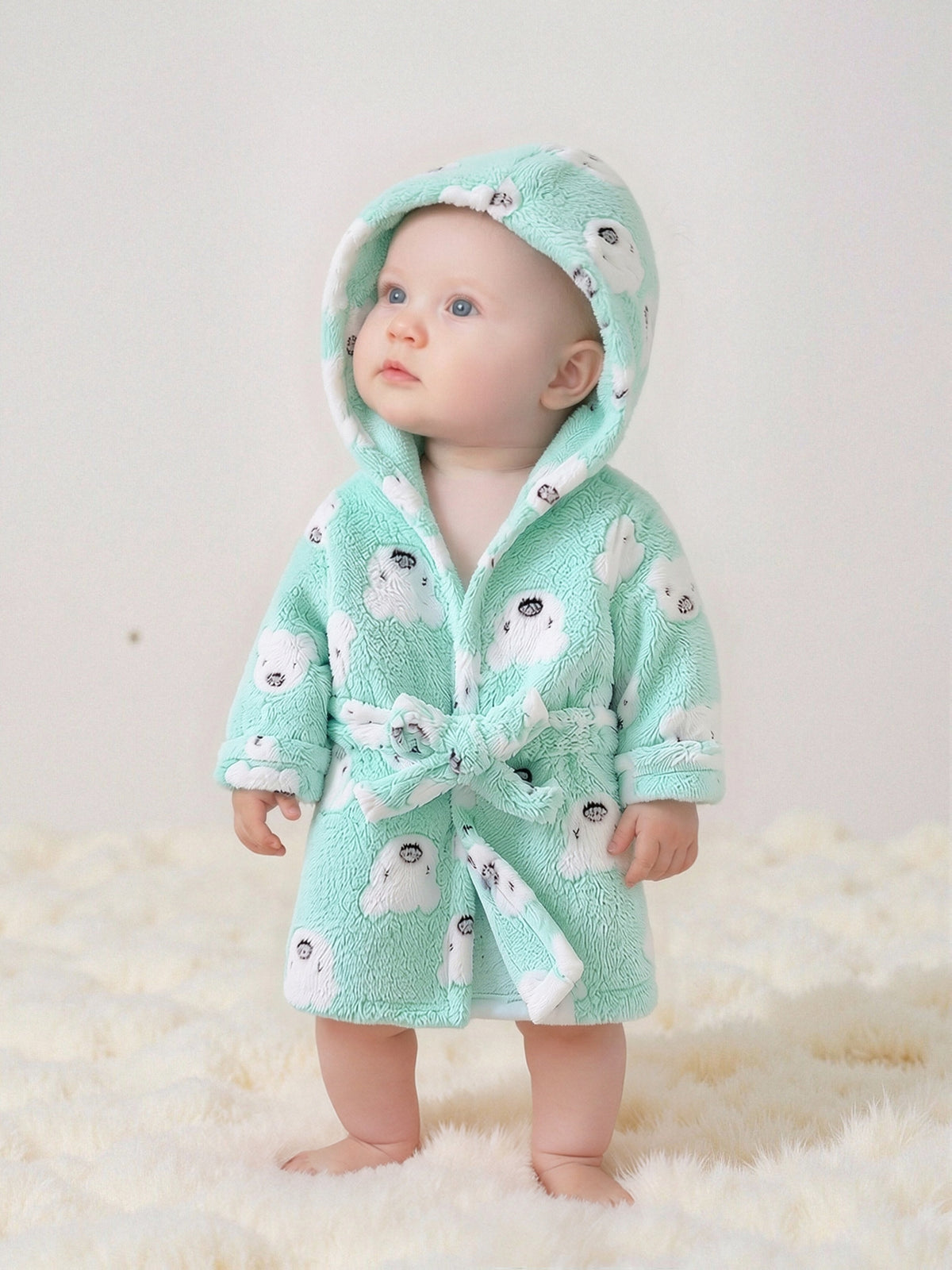 Baby blue hooded fleece bathrobe
