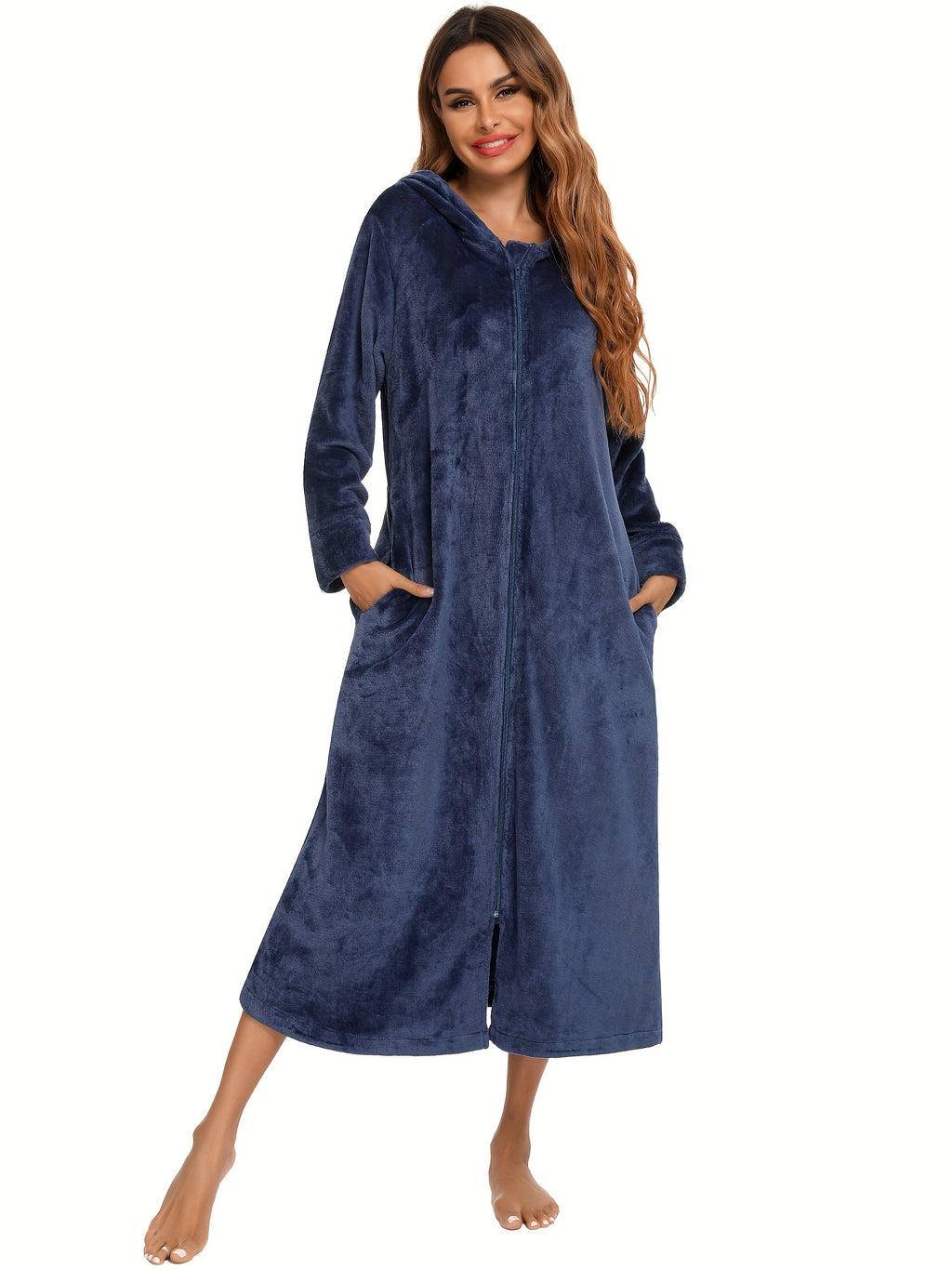 Women's hooded flannel zip-up dressing gown
