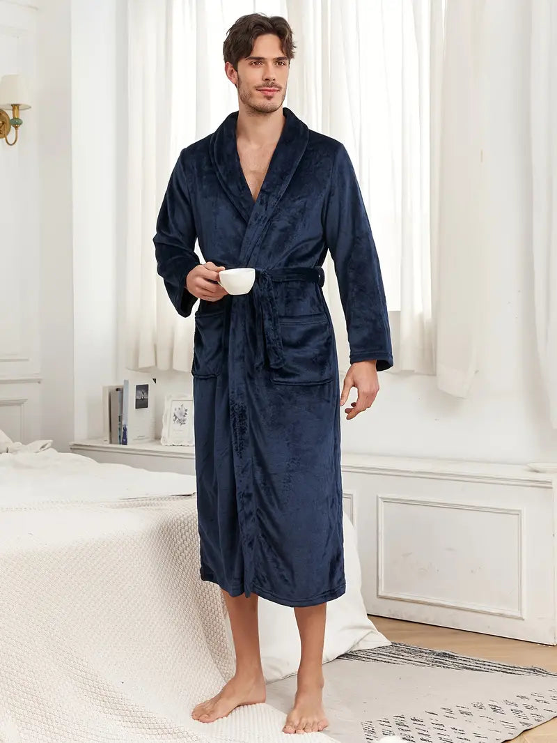 Men's long warm fleece bathrobe, plus size