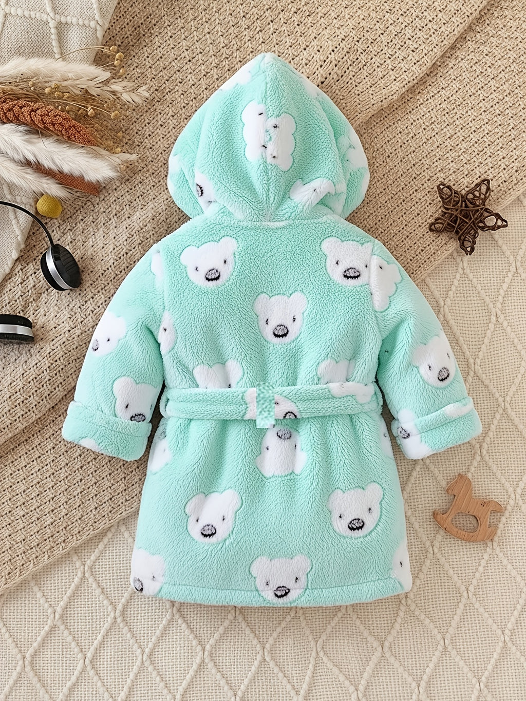 Baby blue hooded fleece bathrobe