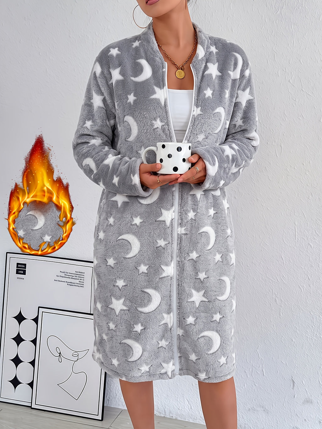 Women's star and moon flannel zip-up dressing gown