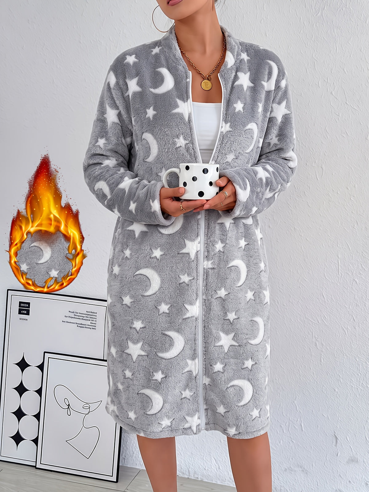 Women's star and moon flannel zip-up dressing gown