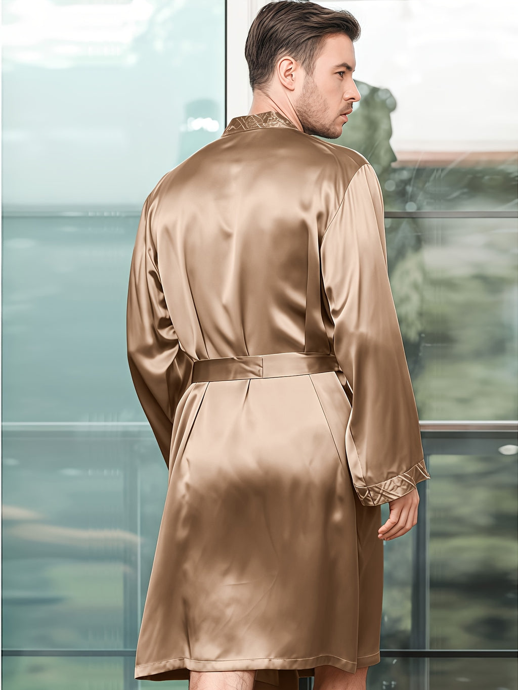 Men's champagne mulberry silk dressing gown