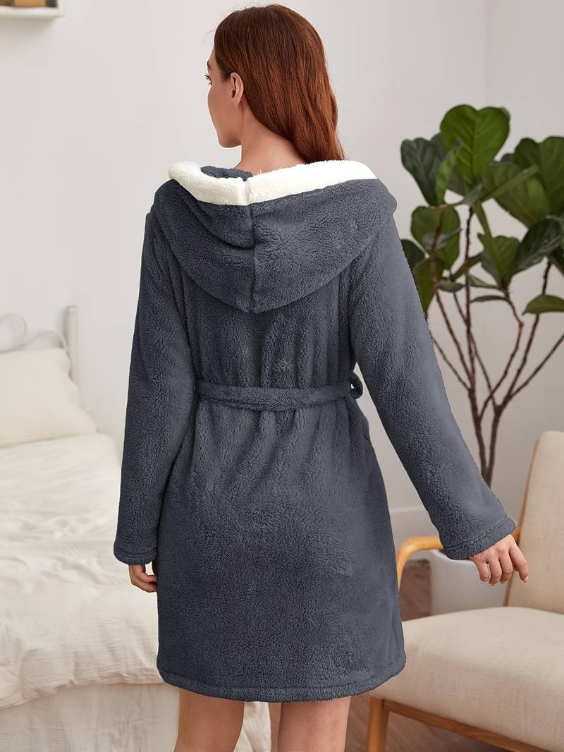 Women's short warm hooded towelling bathrobe