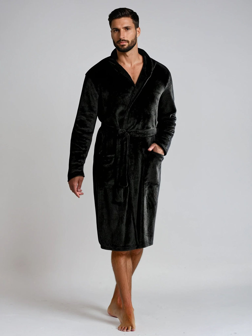 Men's black hooded fleece dressing gown — Black