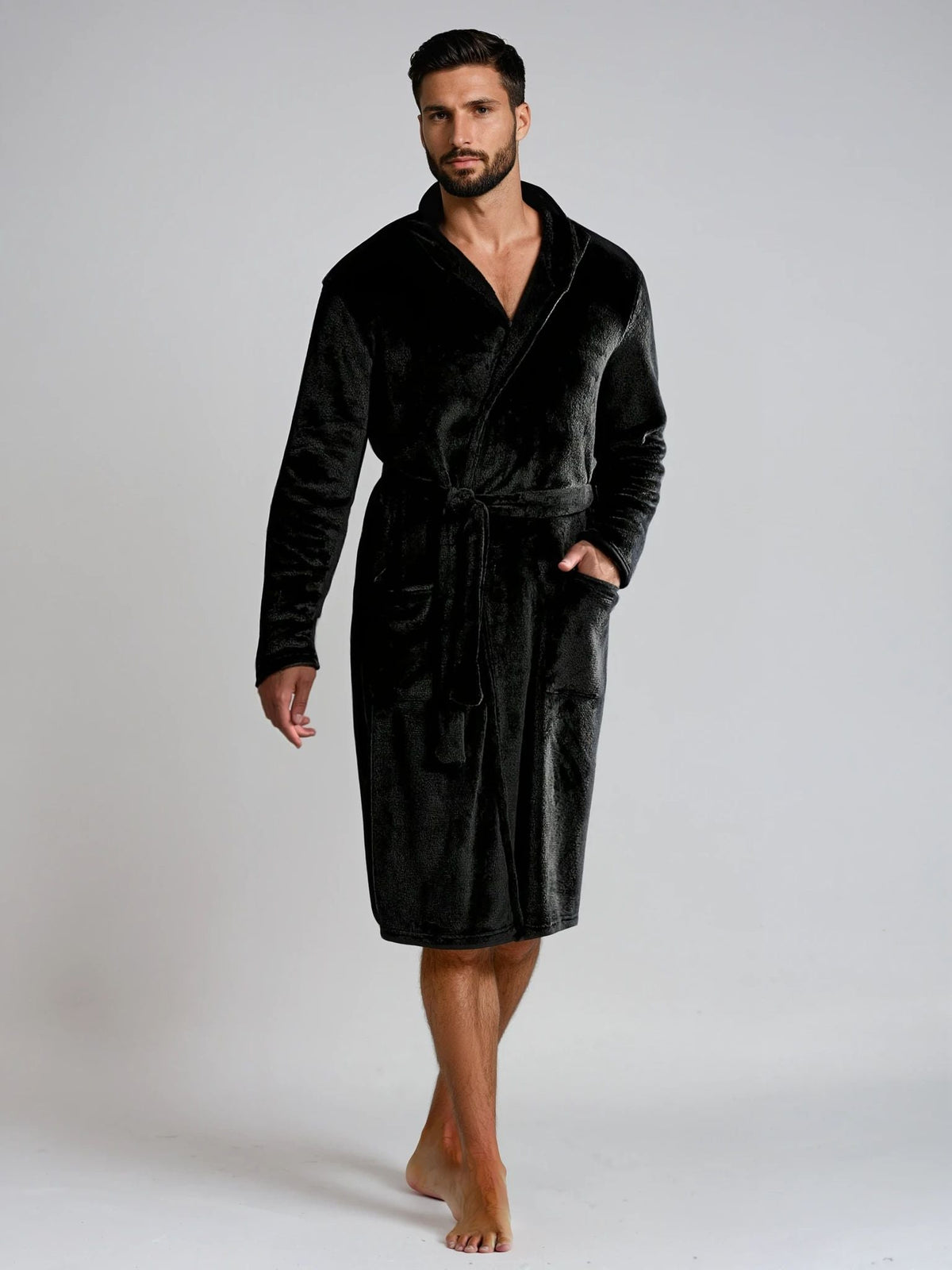 Men's black hooded fleece dressing gown — Black