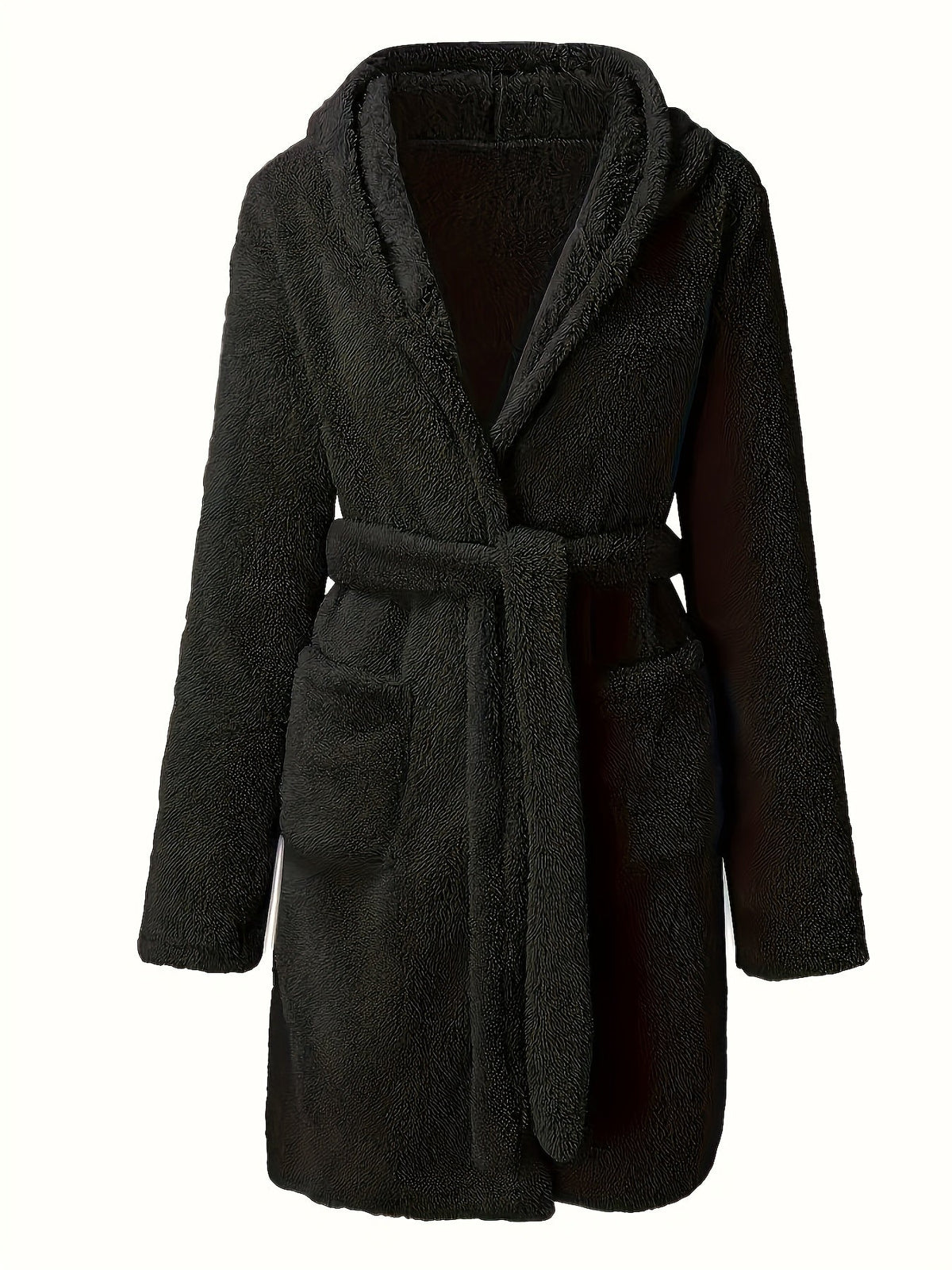 Men's hooded fleece dressing gown with pockets — Black
