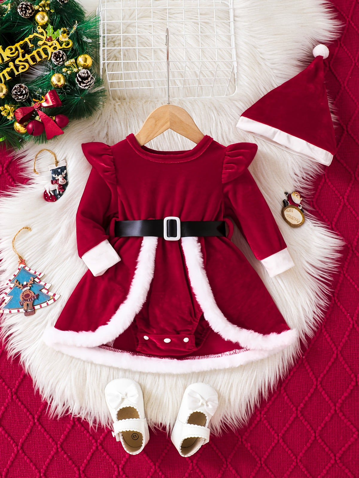 Baby red long fluffy fleece dressing gown