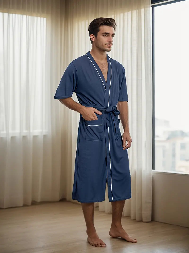 Men's long navy kimono robe, plus size