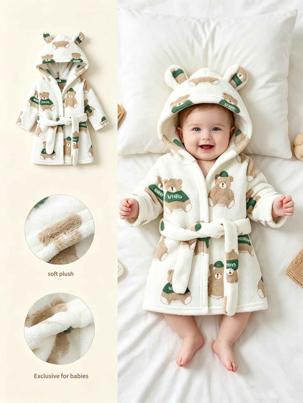Newborn green hooded flannel dressing gown