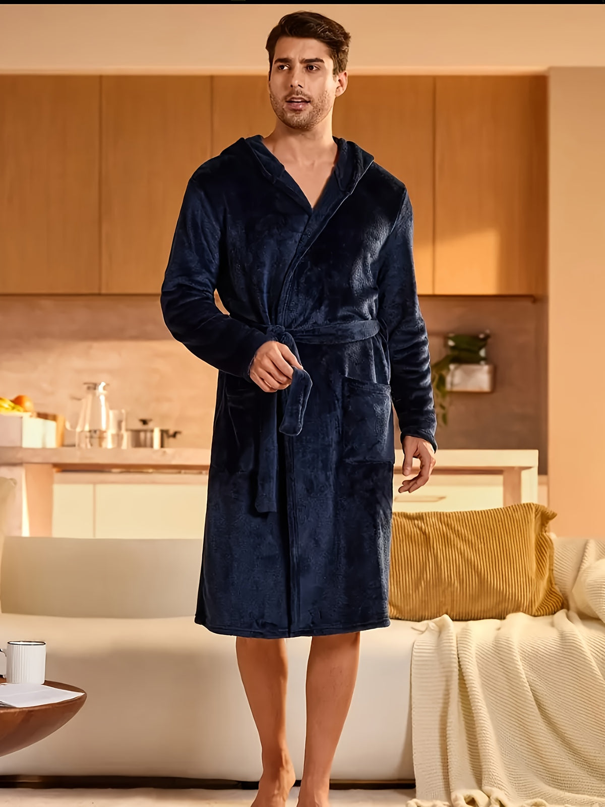 Women's hooded flannel bathrobe