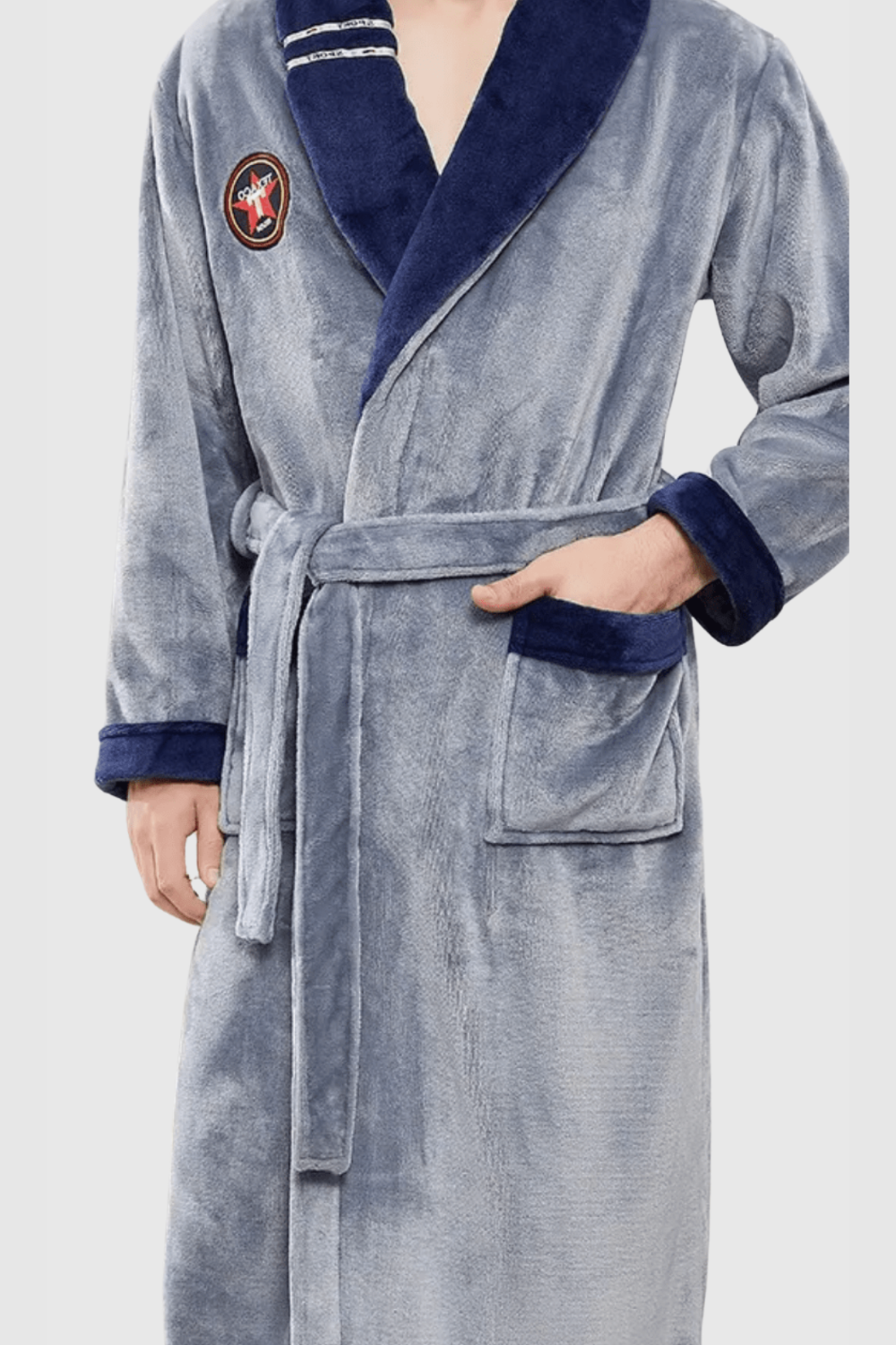 Men's fleece bathrobe, grey and blue