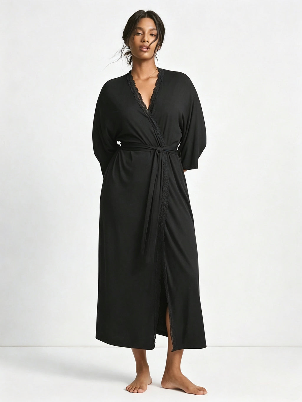 Women's black modal lace dressing gown