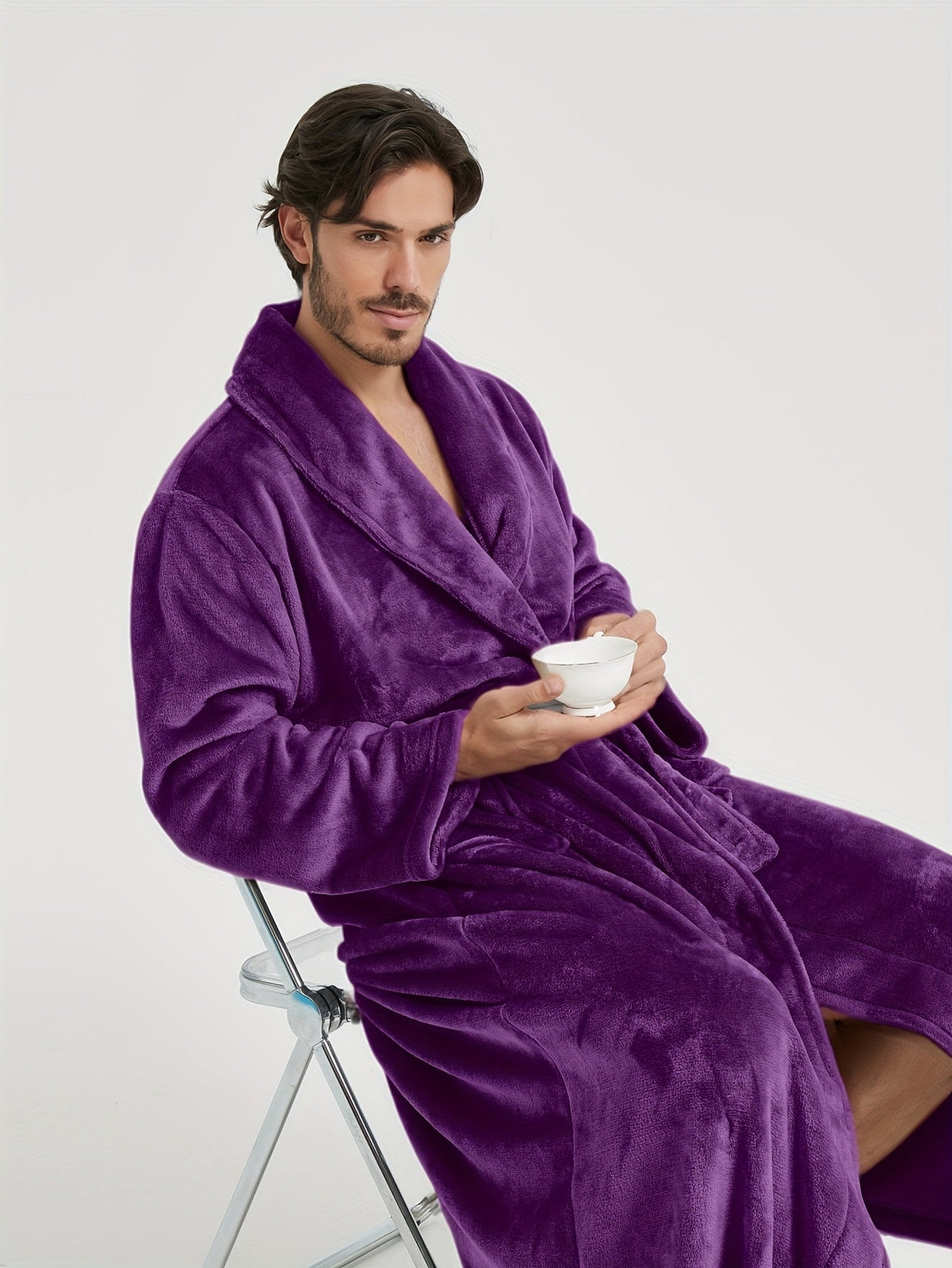 Men's long shawl collar towelling bathrobe