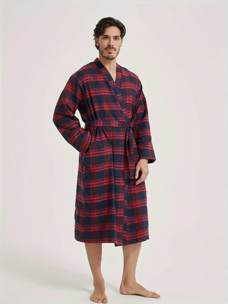 Men's long checked cotton dressing gown — Red