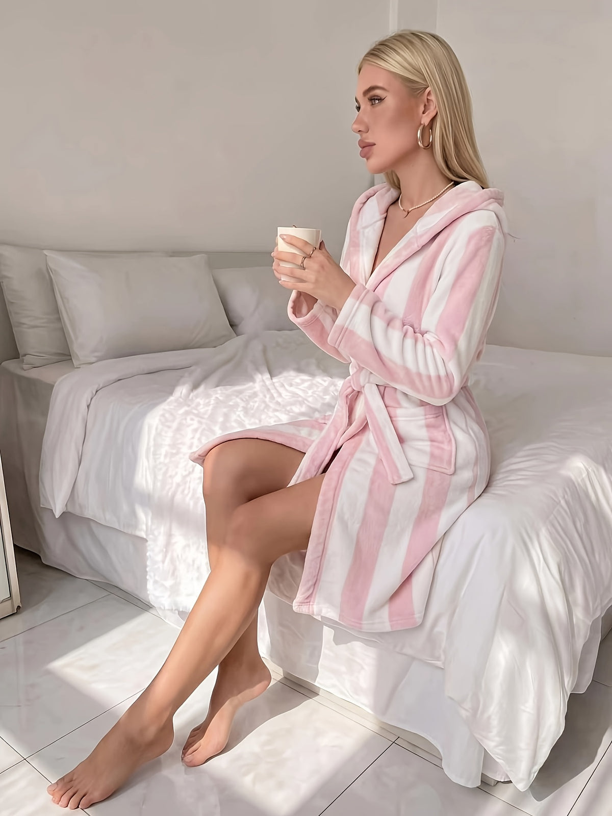 Women's pink striped hooded plush dressing gown
