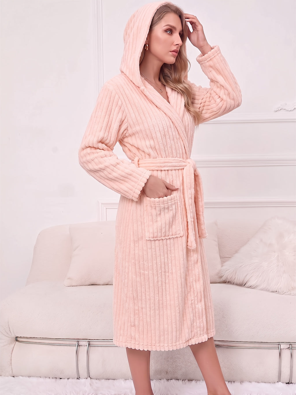 Women's ribbed coral fleece bathrobe