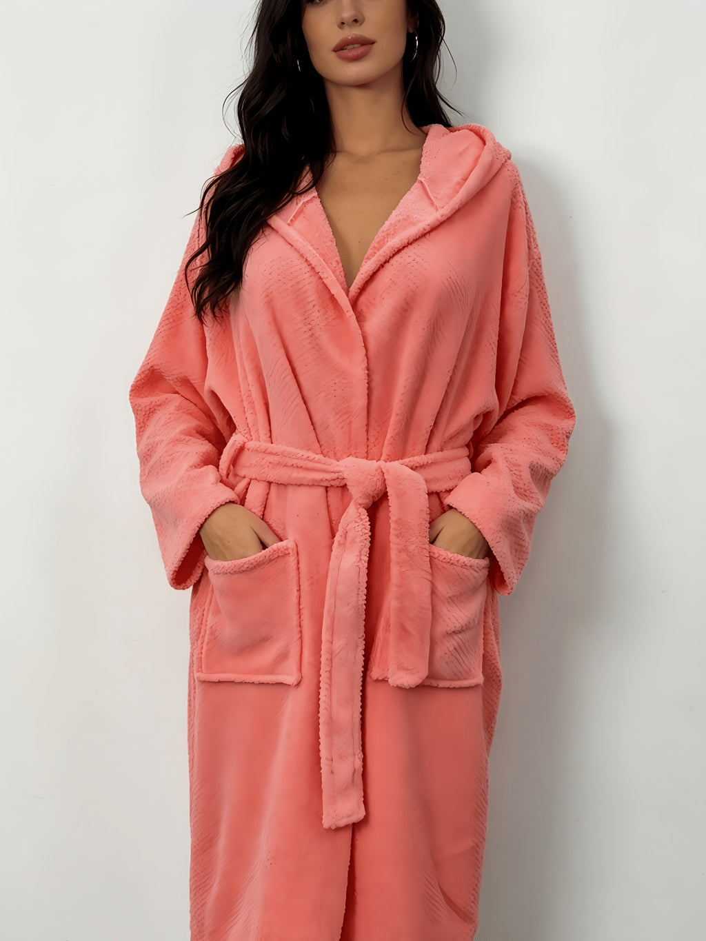 Red hooded tartan fleece bathrobe