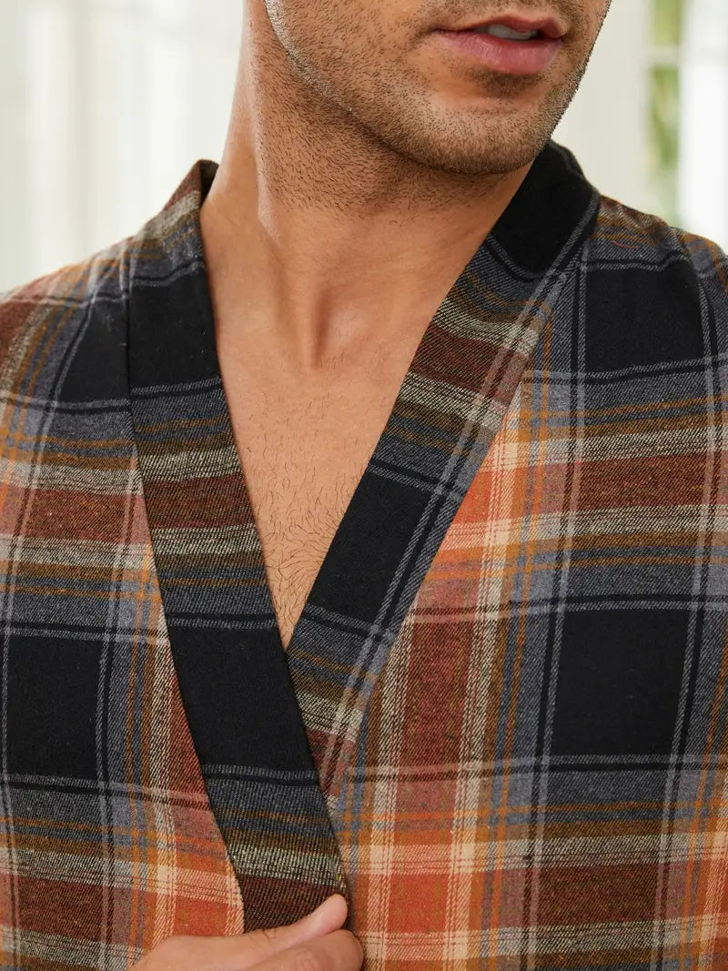 Men's long checked cotton kimono robe