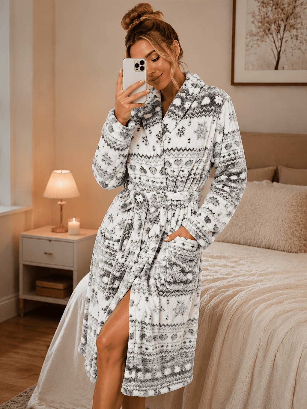 Women's grey flannel hooded dressing gown