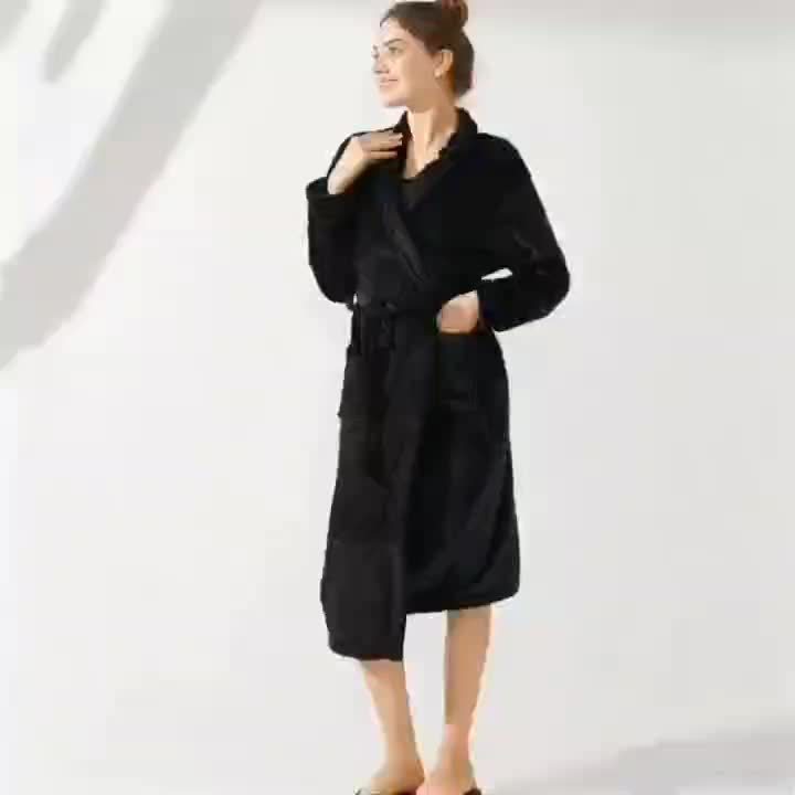 Women's navy long fleece bathrobe