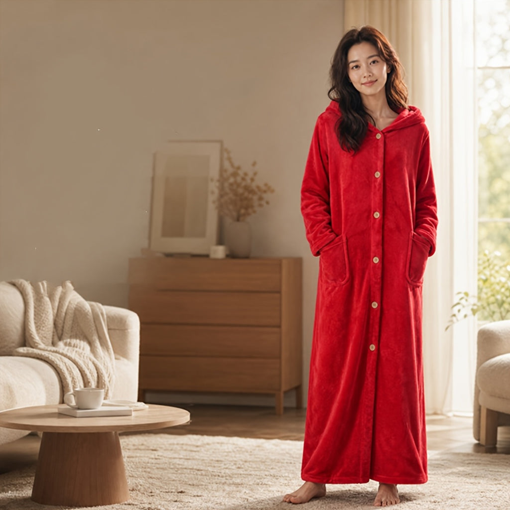 Women's hooded button-up fleece dressing gown