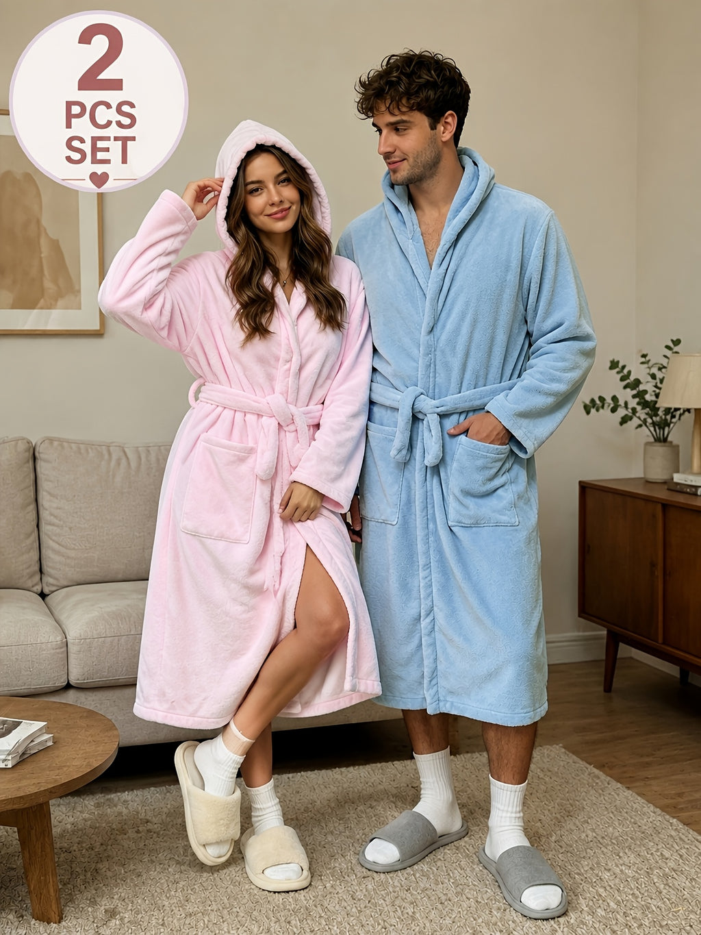 Unisex long hooded fleece bathrobe