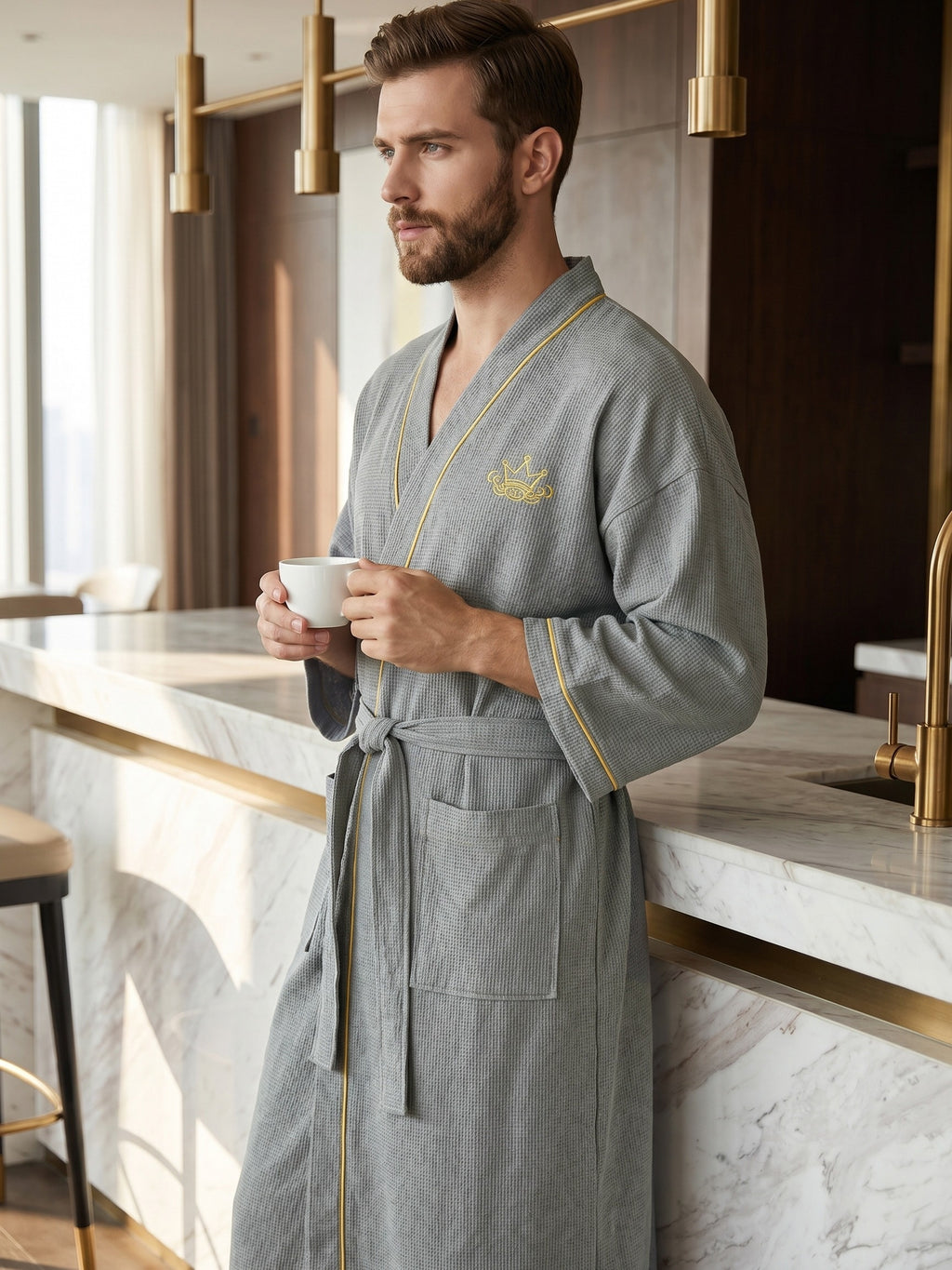 Men's black waffle bathrobe
