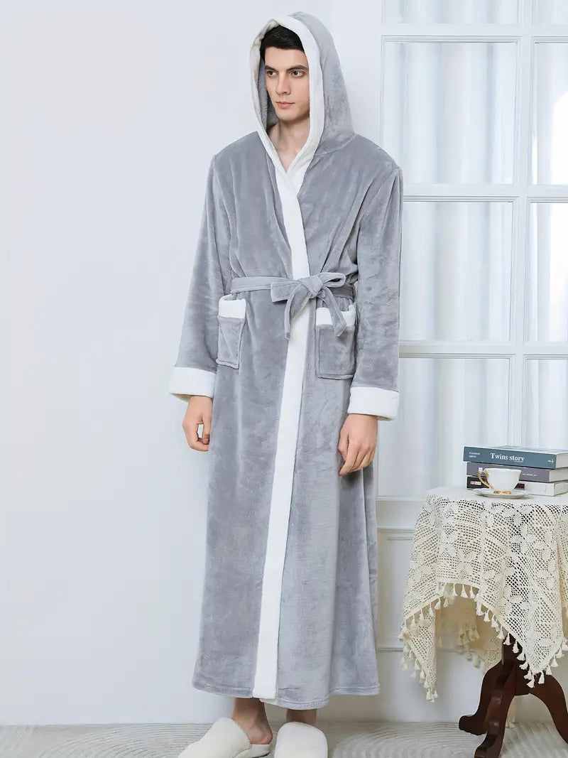 Men's long hooded towelling bathrobe, petite — Silver