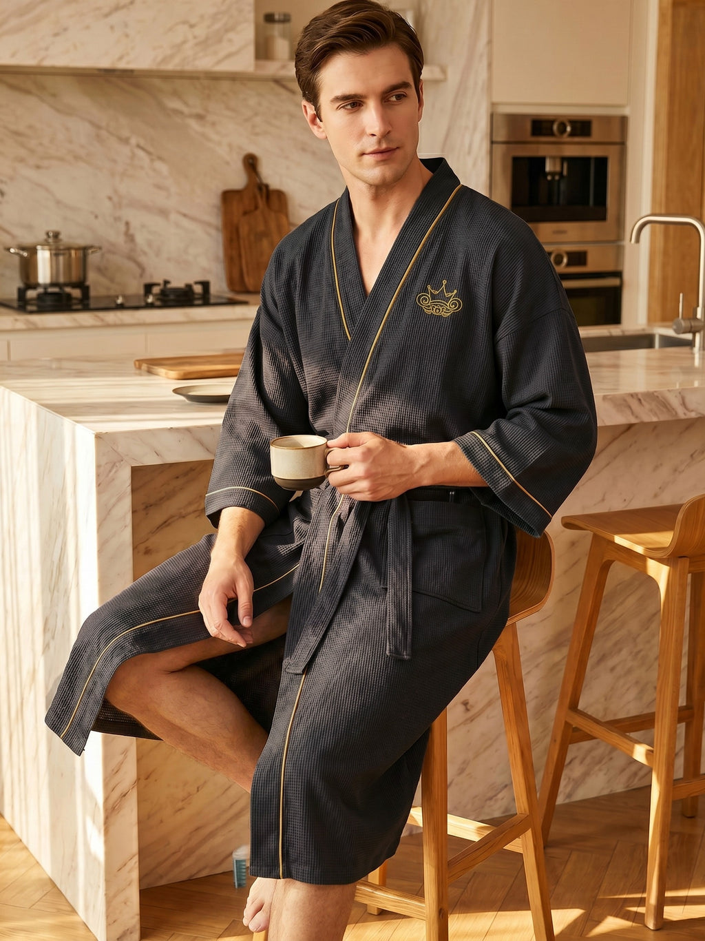Men's black waffle bathrobe