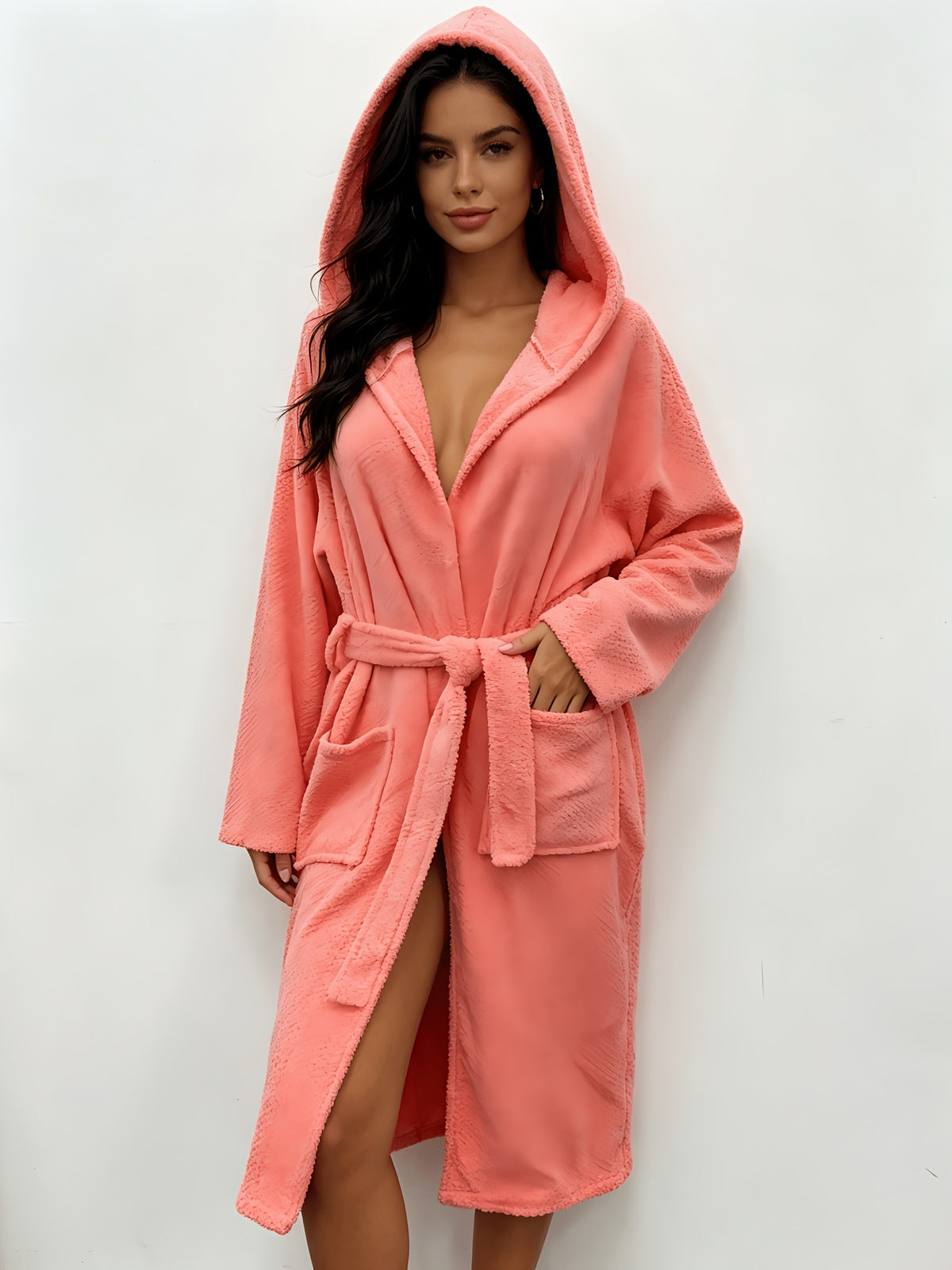 Red hooded tartan fleece bathrobe