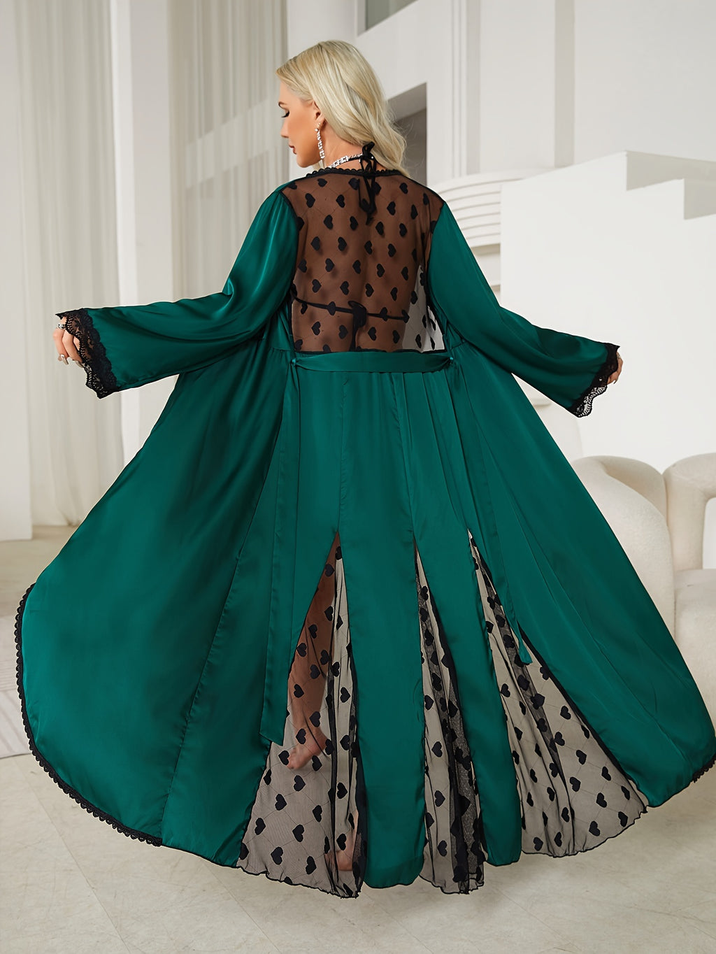 Women's dark green mesh lace dressing gown
