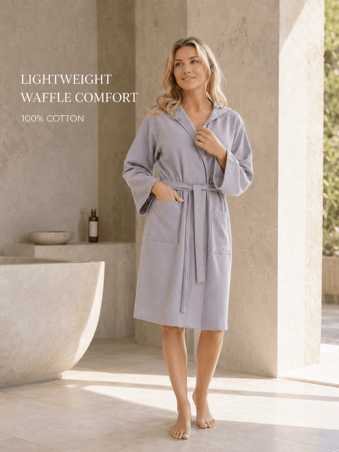 Women's hooded waffle bathrobe