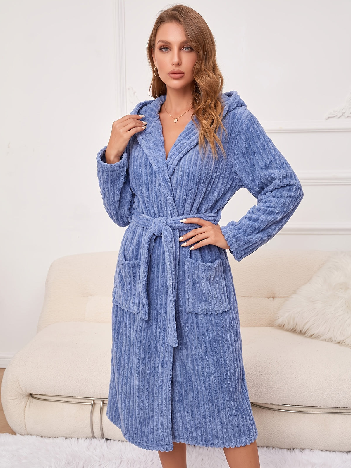 Women's ribbed coral fleece bathrobe