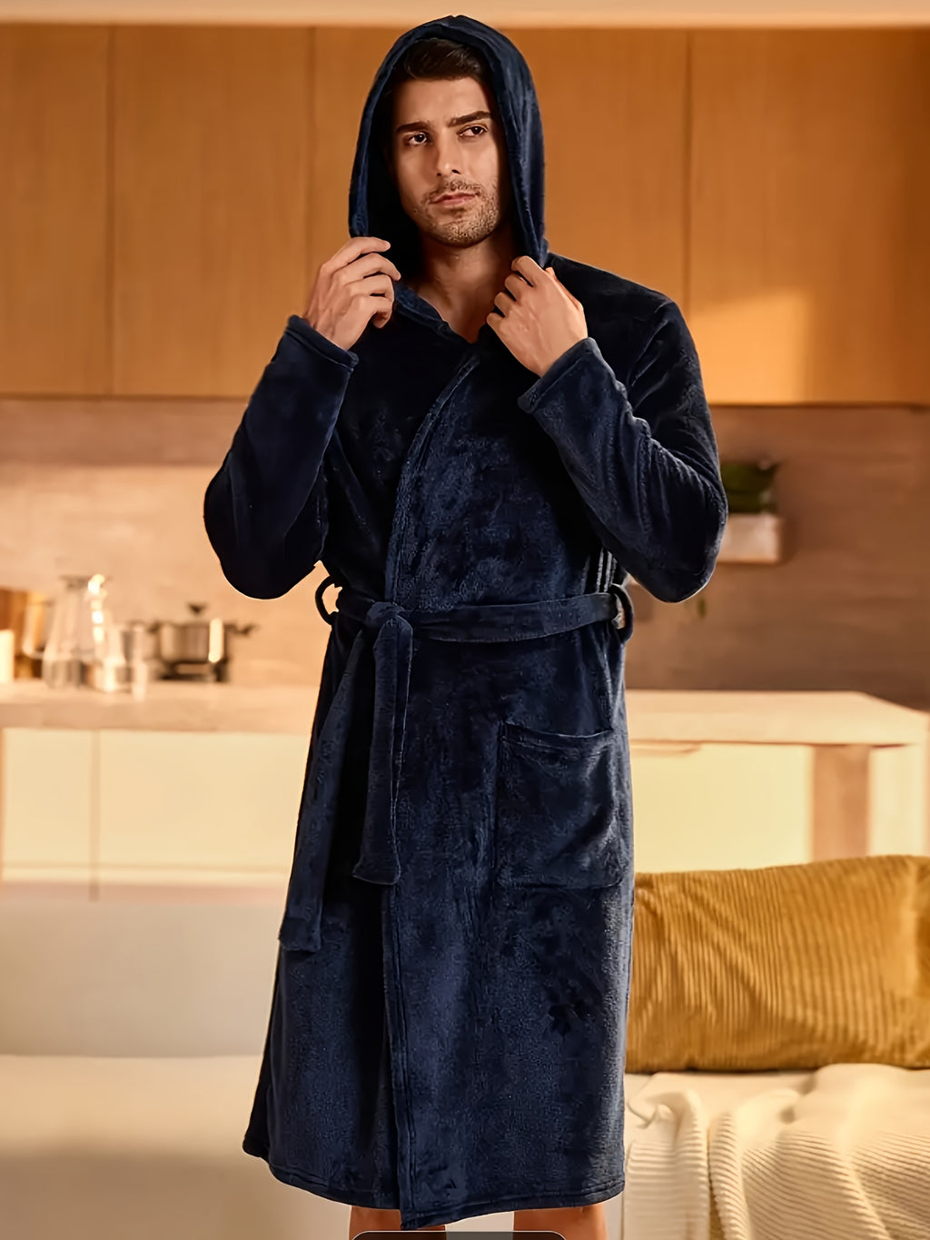 Women's hooded flannel bathrobe