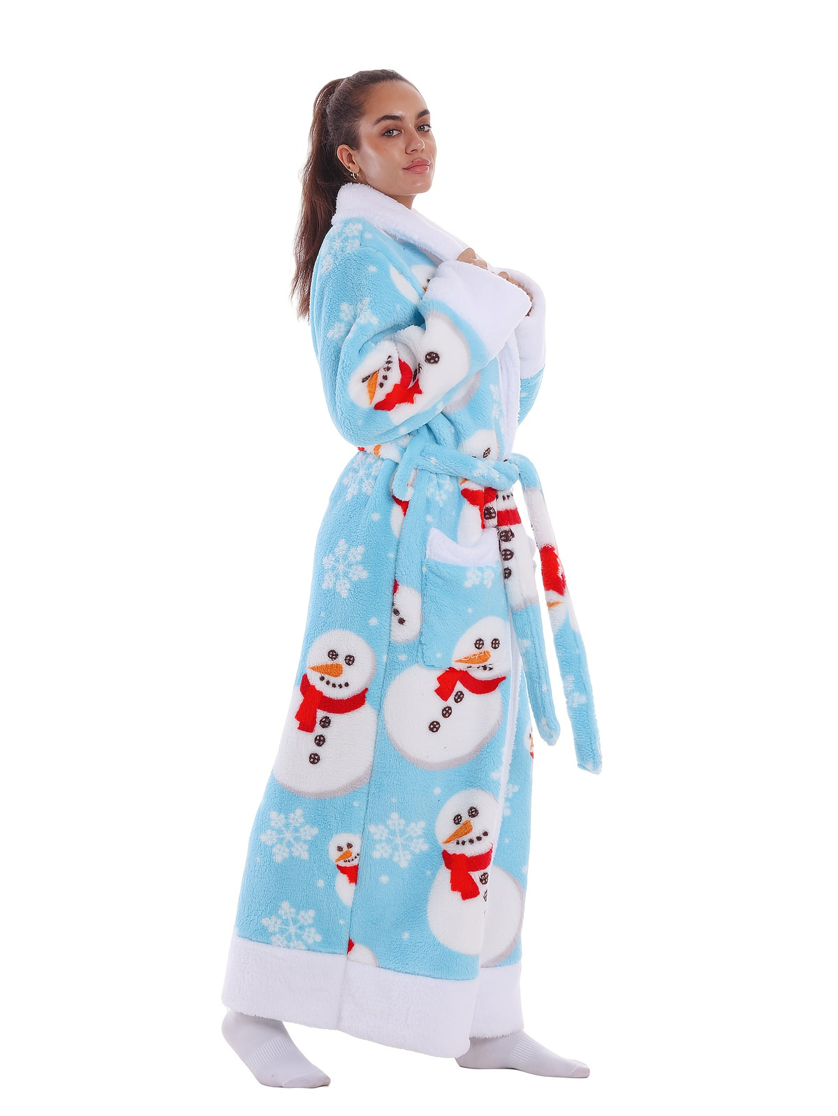 Women's blue snowman print fleece dressing gown