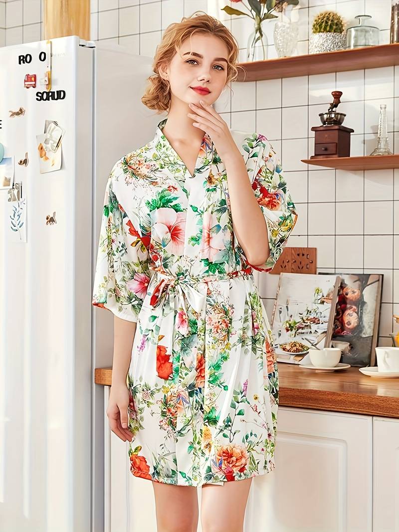 Women's short green floral satin kimono robe — White