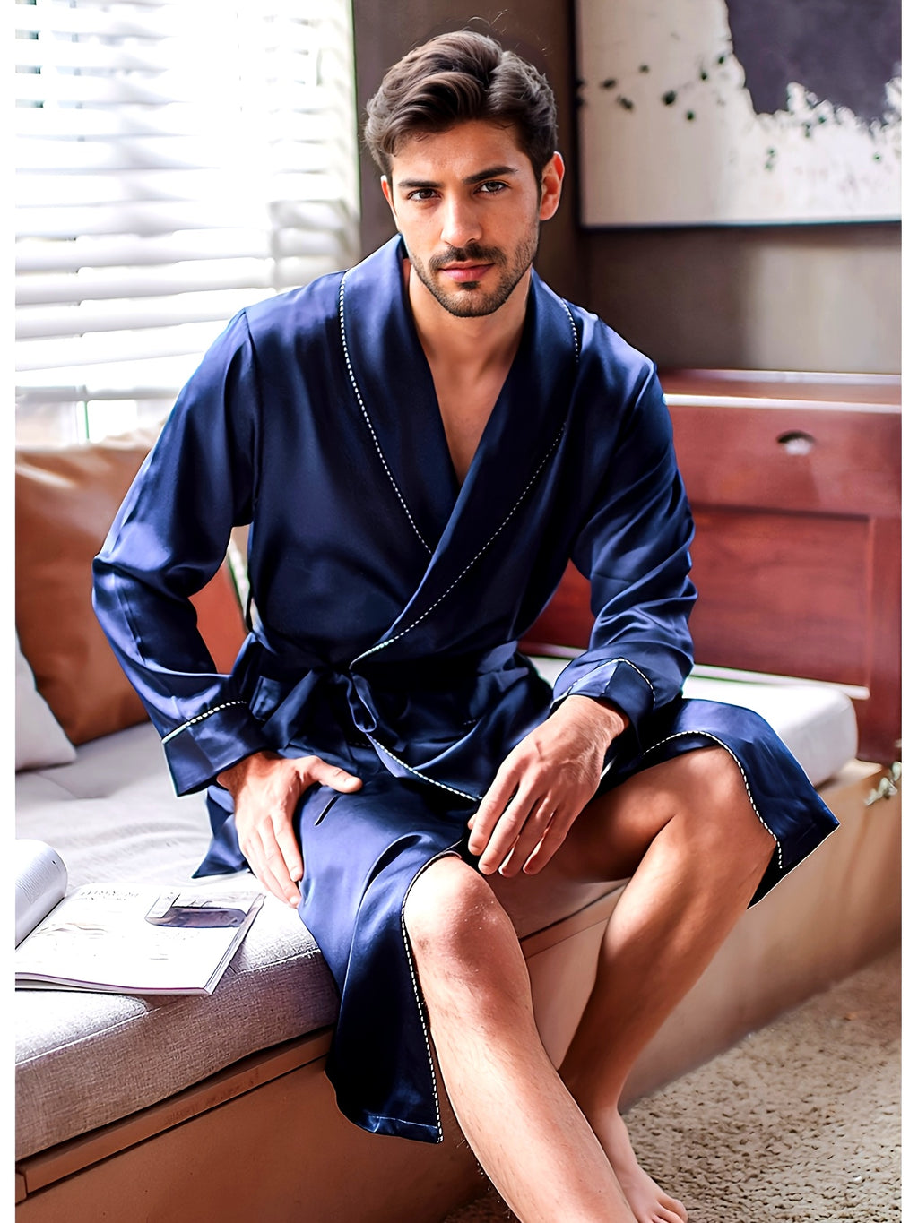 Men's navy mulberry silk dressing gown