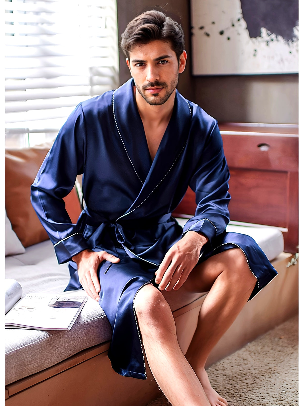 Men's navy mulberry silk dressing gown