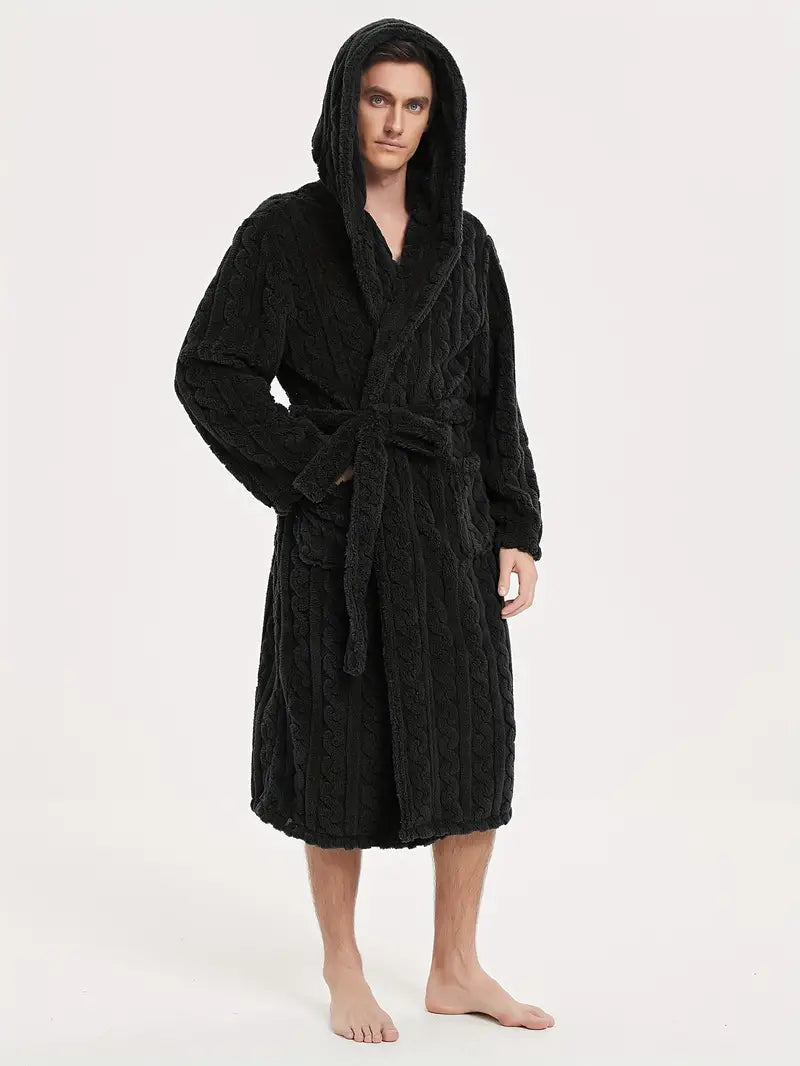 Men's hooded winter fleece bathrobe