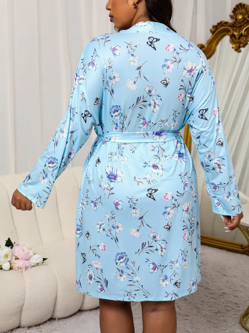 Women's short floral satin dressing gown, plus size Image